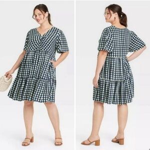 Ava & Viv Flutter Short Sleeve Tiered Dress Blue Gingham